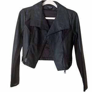 Bebe | Vegan Leather Mesh Cropped Moto Jacket Edgy Asymmetrical Zip Black XS